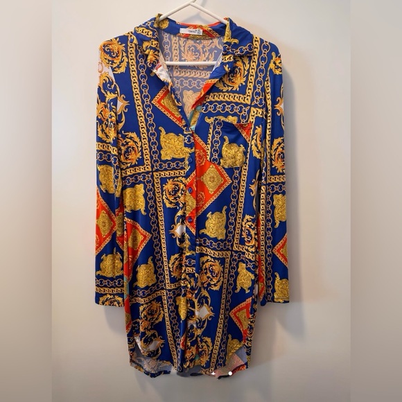 TIMING Inspired Blue and Gold long Button-down Shirt - Picture 1 of 4